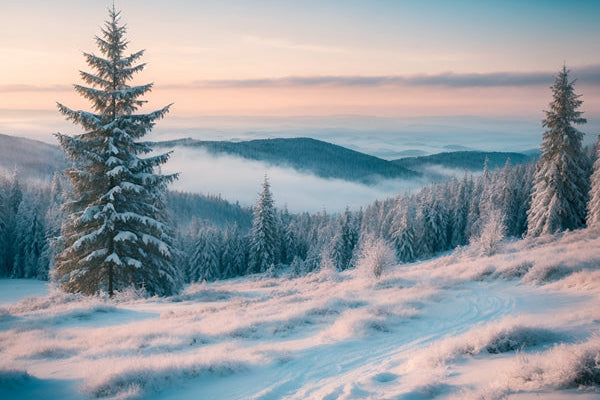 Snow-covered landscape with trees and foggy mountains at sunset.