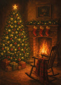 Cosy Christmas scene with a decorated tree, stockings, and fireplace.