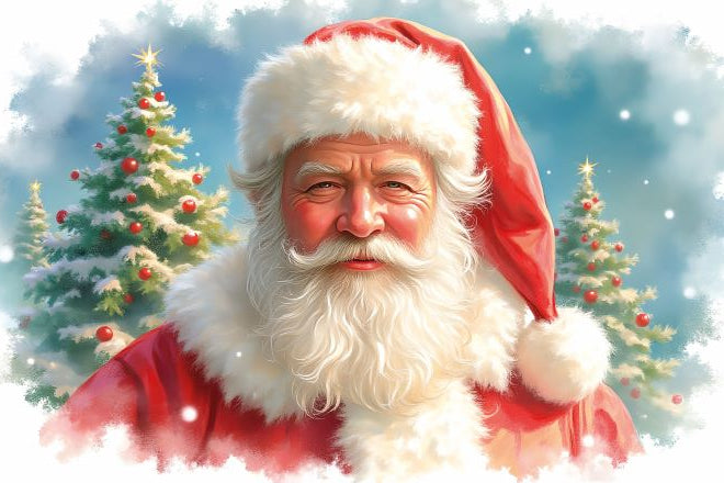 Illustration of Santa Claus with Christmas trees in the background