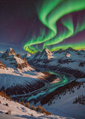 Aurora borealis over a snowy mountain landscape