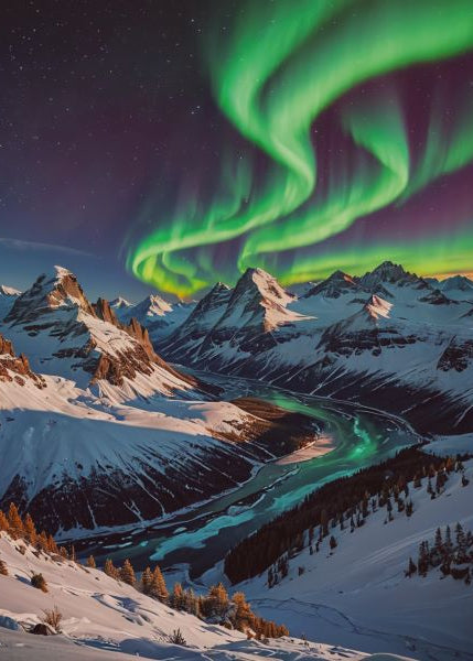 Aurora borealis over a snowy mountain landscape