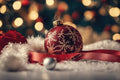 Decorative Christmas ball with snowflake pattern on a red ribbon against a festive background.