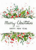 Merry Christmas and Happy New Year card with holly leaves and berries on a white background