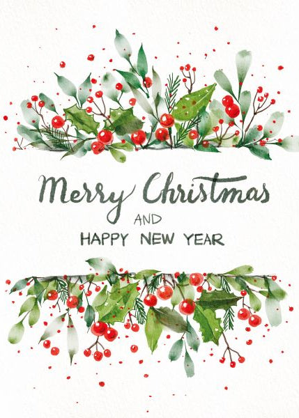 Merry Christmas and Happy New Year card with holly leaves and berries on a white background