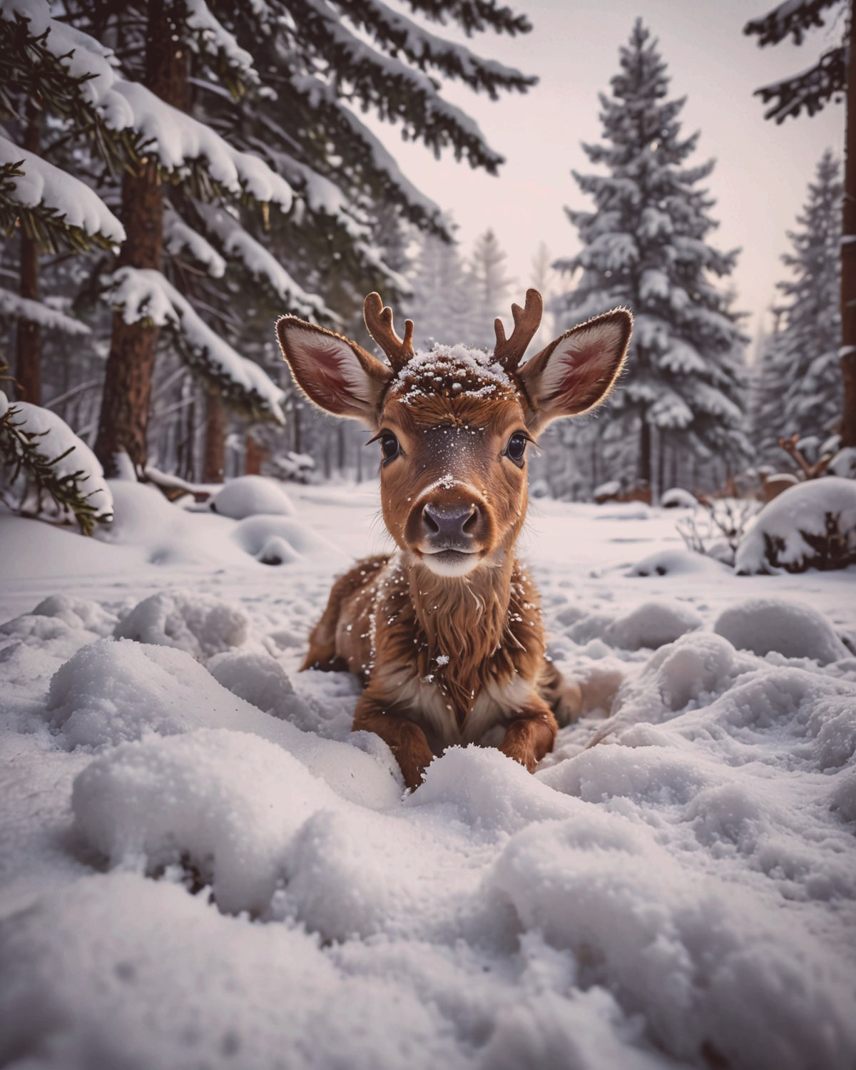 A young brown deer with antlers lying in deep snow within a pine forest during winter.