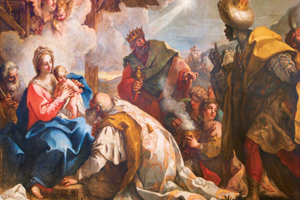 Painting of the Adoration of the Magi with three wise men kneeling before Mary and Jesus.
