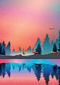 Silhouettes of trees and animals against a colorful sky with a reflection in water below.