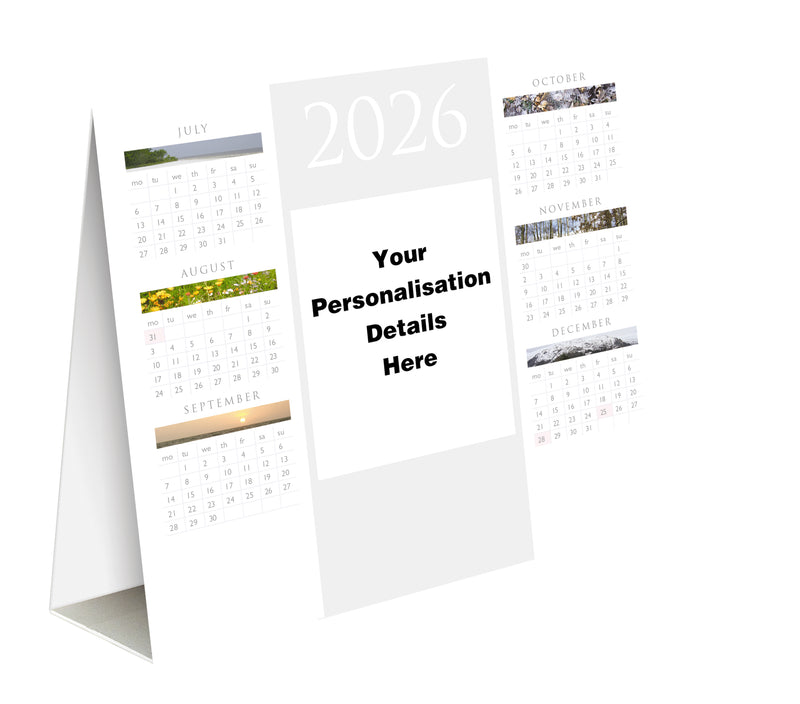 A freestanding  desk calendar shown on a white background, with monthly grids visible and room for your personalisation details in the centre.