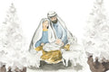Watercolor-style illustration of the Holy Family with baby Jesus, Mary, Joseph, and two sheep, set against a snowy outdoor background with trees.