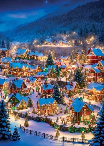 Snowy village at night with illuminated houses and trees, surrounded by mountains.