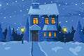 Illustration of a cozy house at night with snowfall