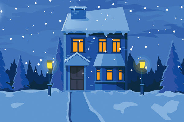 Illustration of a cozy house at night with snowfall