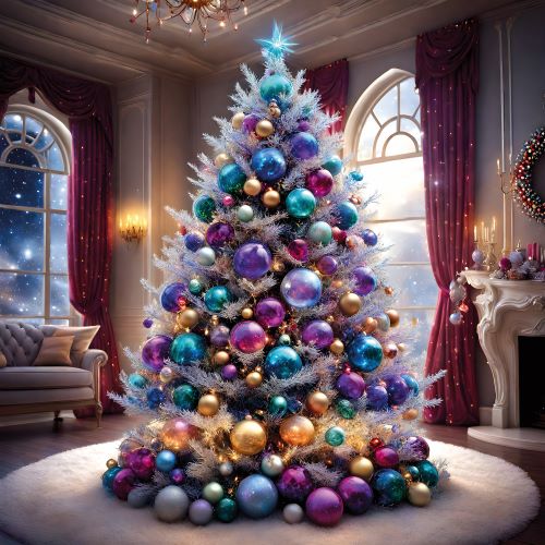 Decorative Christmas tree with colorful ornaments in a festive room.