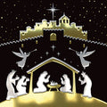 Nativity scene with gold castle and angels against a starry night sky