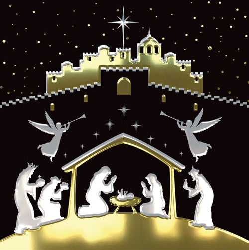 Nativity scene with gold castle and angels against a starry night sky