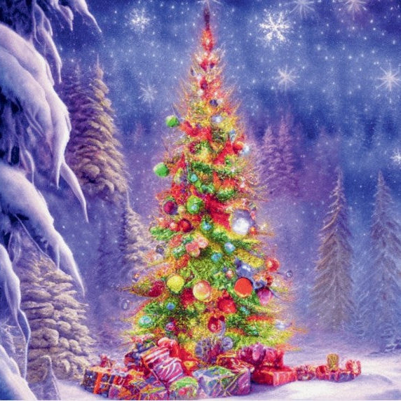 A festive Christmas tree decorated with colorful ornaments and lights, surrounded by wrapped gifts in a snowy winter forest under a starry night sky.