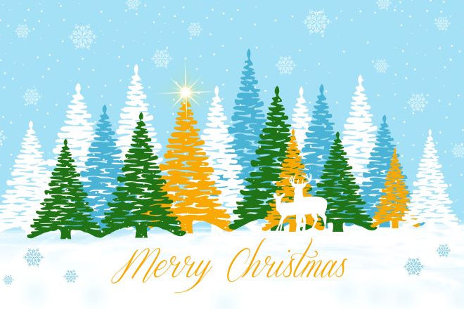 Colorful Christmas trees with a deer and 'Merry Christmas' text on a blue snowy background.
