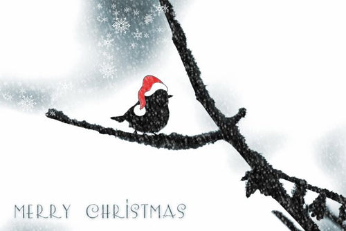 Bird wearing a Santa hat on a snowy branch with 'Merry Christmas' text.