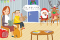 Illustration of a family with pets in a living room, including Santa Claus and a reindeer.