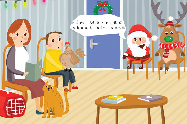 Illustration of a family with pets in a living room, including Santa Claus and a reindeer.