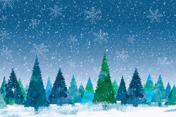 Winter scene with snow-covered trees and falling snowflakes on a blue sky background