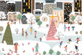 Illustration of a snowy cityscape with people and festive elements.