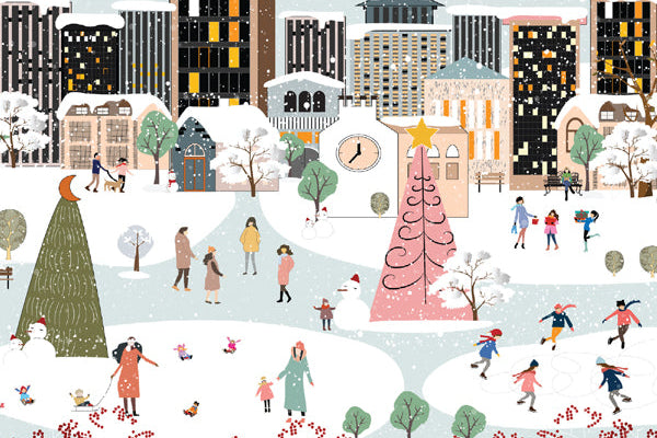 Illustration of a snowy cityscape with people and festive elements.