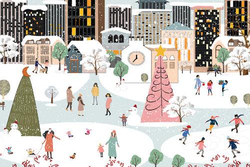 Illustration of a snowy cityscape with people and festive elements.