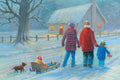 Family with children and dog sledding in a snowy village scene
