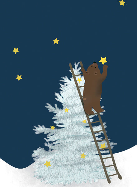 Illustration of a bear on a ladder decorating a Christmas tree against a starry night sky.