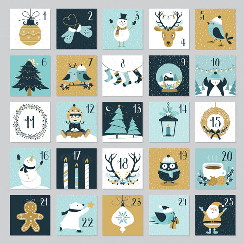  advent calendar with 25 small squares each featuring a Christmas-themed illustration