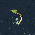 Illustration of a cartoon character on a crescent moon with a Christmas tree, set against a starry night sky.