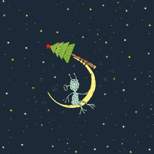 Illustration of a cartoon character on a crescent moon with a Christmas tree, set against a starry night sky.
