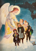 Vintage Christmas illustration showing a winged angel in a white gown with a golden halo guiding a group of children through snow at night.