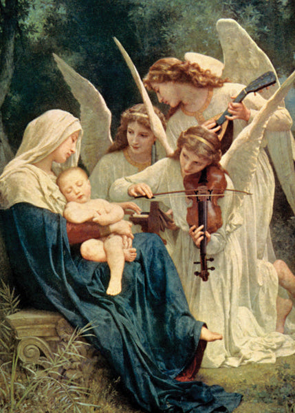 Painting of a woman holding a child with angels playing music in a natural setting