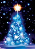 Blue Christmas tree made of snowflakes with a star at the top against a dark background