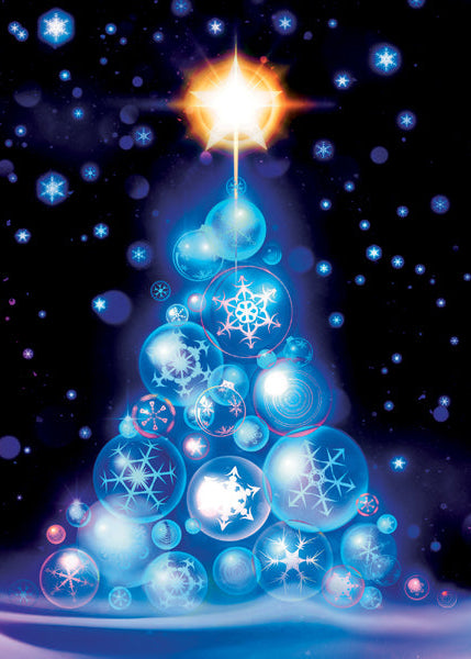 Blue Christmas tree made of snowflakes with a star at the top against a dark background
