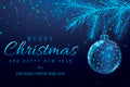 Christmas card with blue ornament and tree branch on a dark blue background