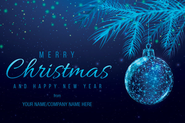 Christmas card with blue ornament and tree branch on a dark blue background