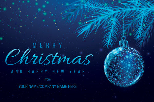 Christmas card with blue ornament and tree branch on a dark blue background
