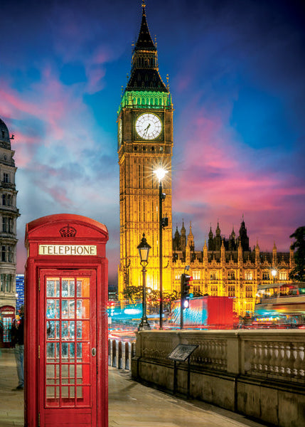 Red telephone box and Big Ben with a colorful sky in London