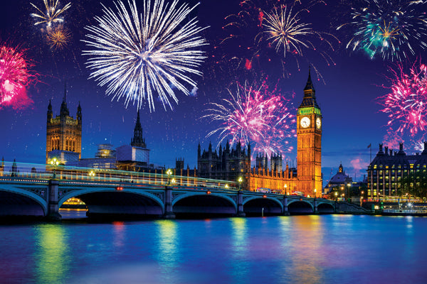 Fireworks over London with Big Ben and the Houses of Parliament.