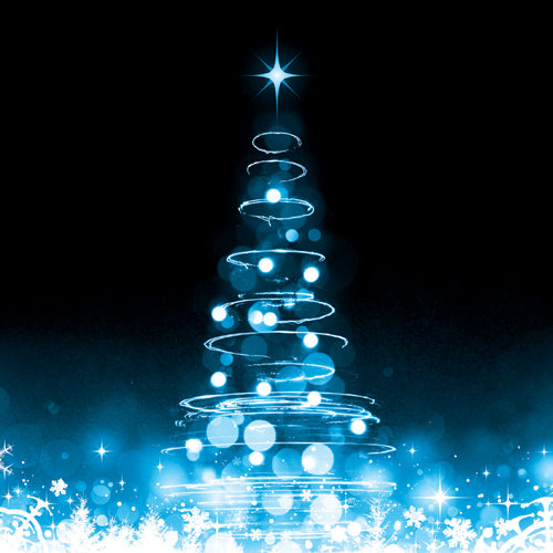 Blue Christmas tree with lights on a dark background