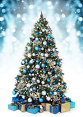 Decorated Christmas tree with blue and silver ornaments against a snowy background