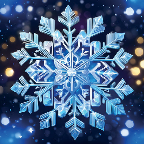 Detailed snowflake design with a dark blue background and light effects