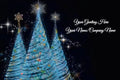 A festive Christmas greeting card design featuring three glowing blue light-traced Christmas trees with silver snowflake ornaments against a black background. This design allows you to add your name/company name to the front.