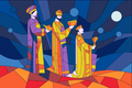 Stained-glass style illustration of three figures in colorful robes holding gold cups against a dark blue background with circular light shapes.