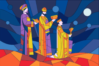 Stained-glass style illustration of three figures in colorful robes holding gold cups against a dark blue background with circular light shapes.