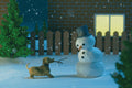 Dog playing with a snowman in a snowy outdoor setting with a house in the background.