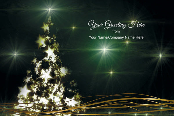 Decorative Christmas tree with lights on a dark background, suitable for greeting cards.